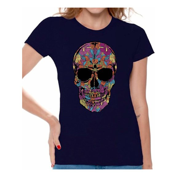 Awkward Styles Women's Black Flowered Skull Graphic T-shirt Tops Floral Sugar Skull Day of Dead