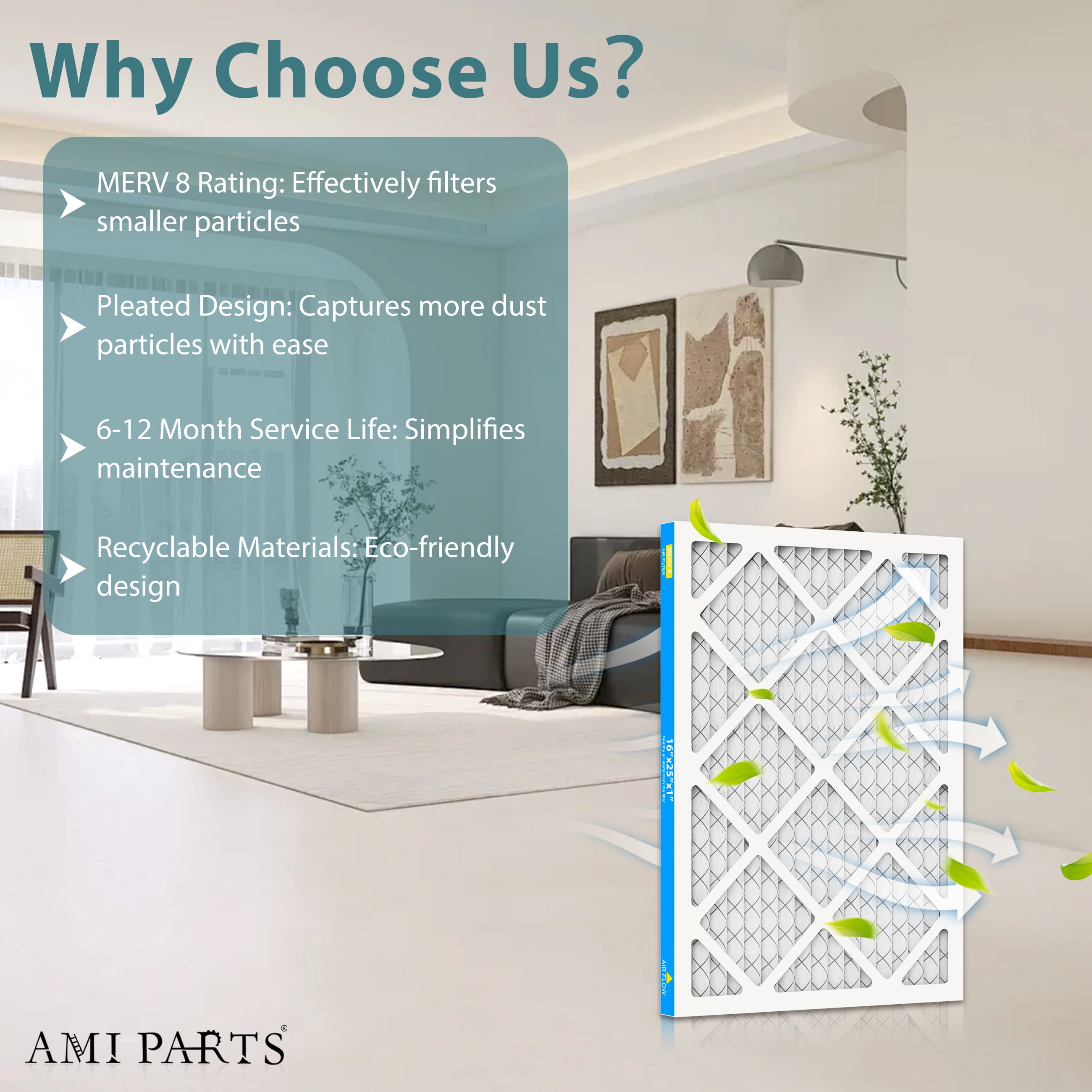 AMI PARTS 16x25x1 MERV 8 - 4 Count - High Efficiency Pleated HVAC, Furnace and Air Conditioner Filters