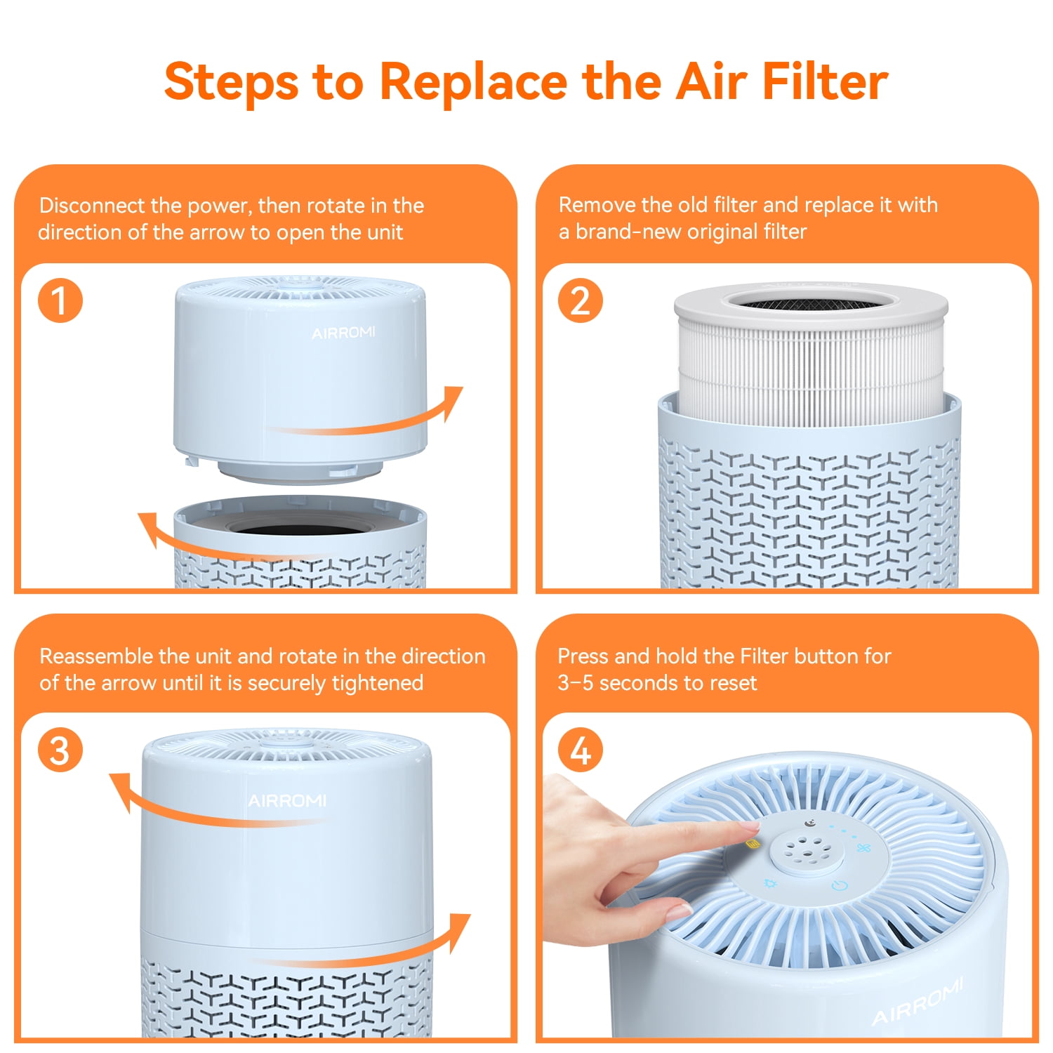 AIRROMI Air Purifiers for Home Room Covers 660 sq.ft, H13 True HEPA Filter, for Allergies,Pet Dander,Pollen,Odor,Smoke, with Night Light, A2002S,Blue