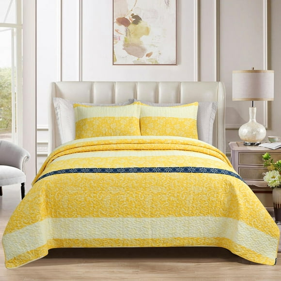 Juego de edredón UYOF, tamaño king, 100% algodón, reversible, color amarillo