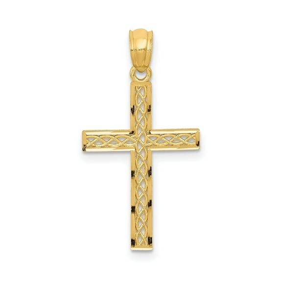14k Yellow Gold Cross Pendant for Men and Women with Filigree Weave Design Rhodium Detail Celtic Accent High Polish Latin Style Spiritual Jewelry