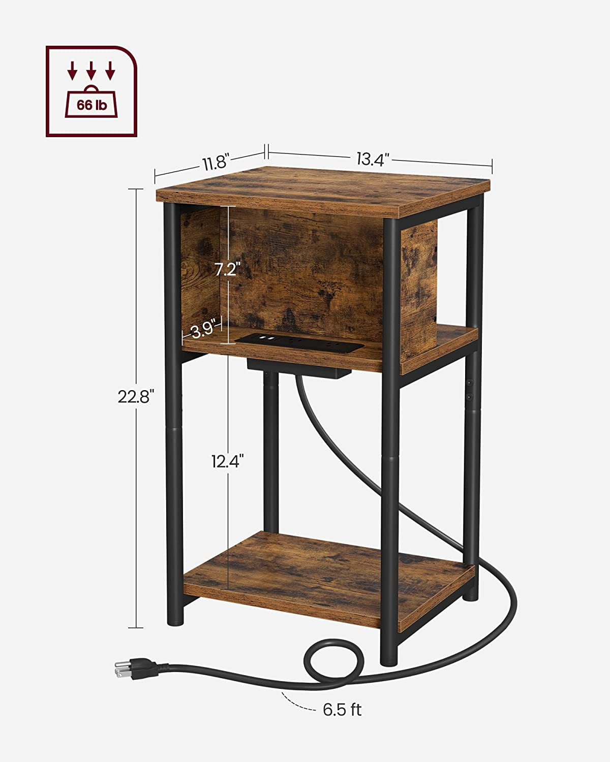 Side Table with Charging Station, 3-Tier End Table Nightstand for Living Room Bedroom Rustic Brown and Black