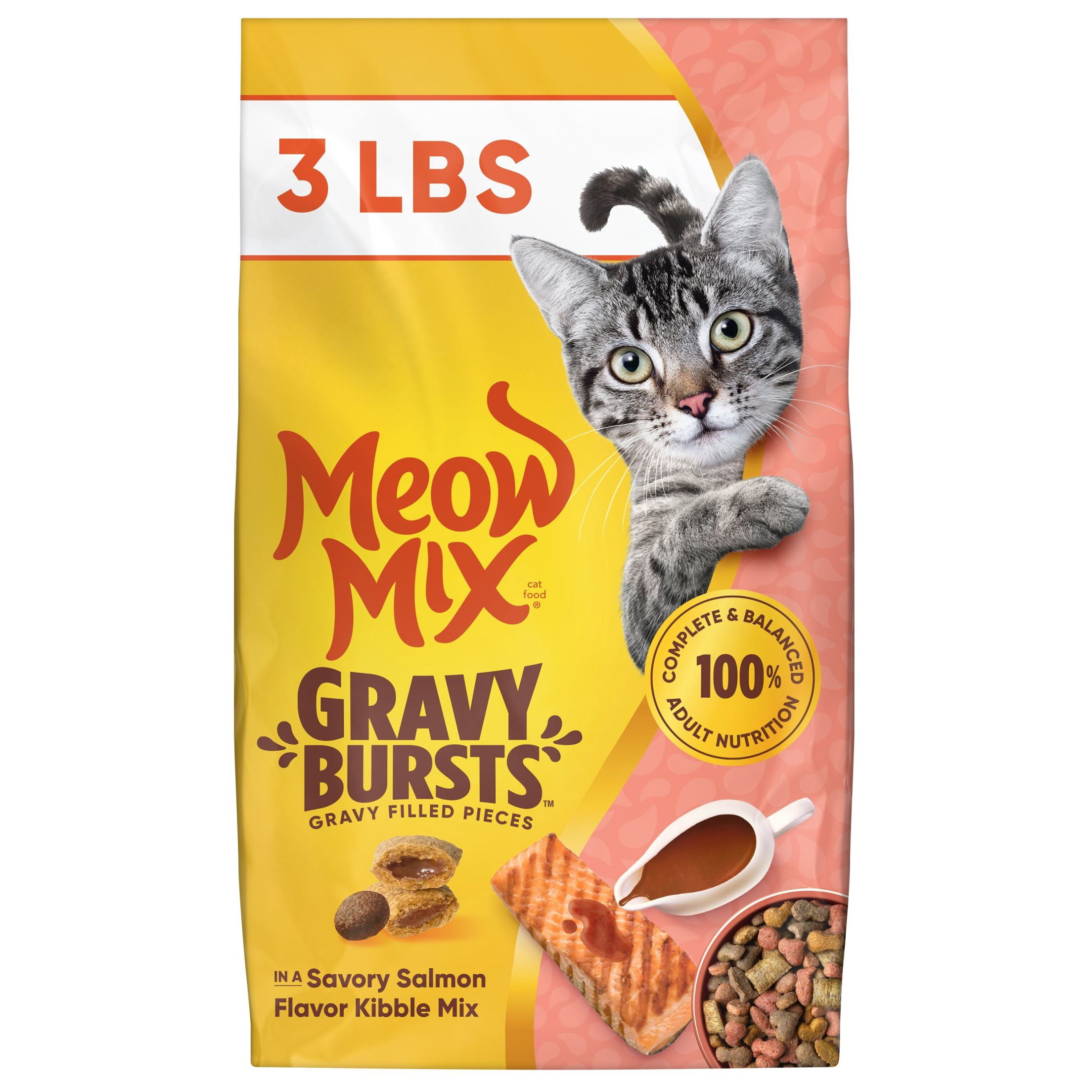 (3 pack) Meow Mix Gravy Bursts, Savory Salmon Flavor Kibble Mix, Gravy Filled Dry Cat Food, 3 lb. Bag