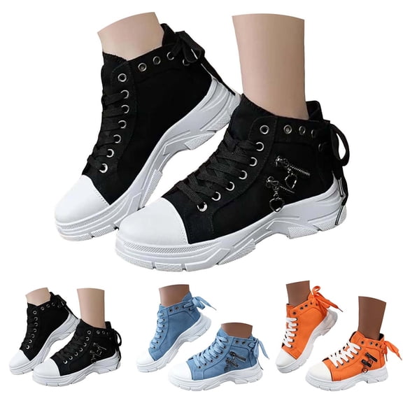 Dakaela Women's High Top Fashion Sneakers Lightweight Platform Non Slip Walking Running Shoes Arch Support Casual Denim Canvas Shoes,Black 6