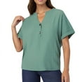 thumbnail image 1 of Yuyuzo Womens Tops Short Sleeve Shirts Button up V Neck T Shirts Solid Color Loose Fitted Blouses, 1 of 6