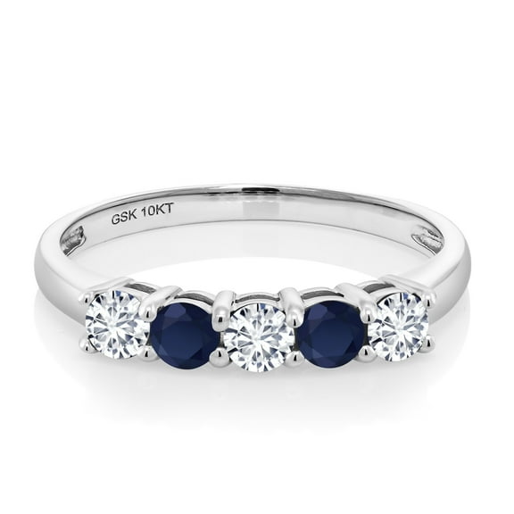 Gem Stone King 10K White Gold White Lab Grown Diamond and Blue Sapphire 5 Stone Wedding Engagement Anniversary Promise Ring for Women 0.56 Cttw, Round 3MM, Gemstone April Birthstone (Size 7)