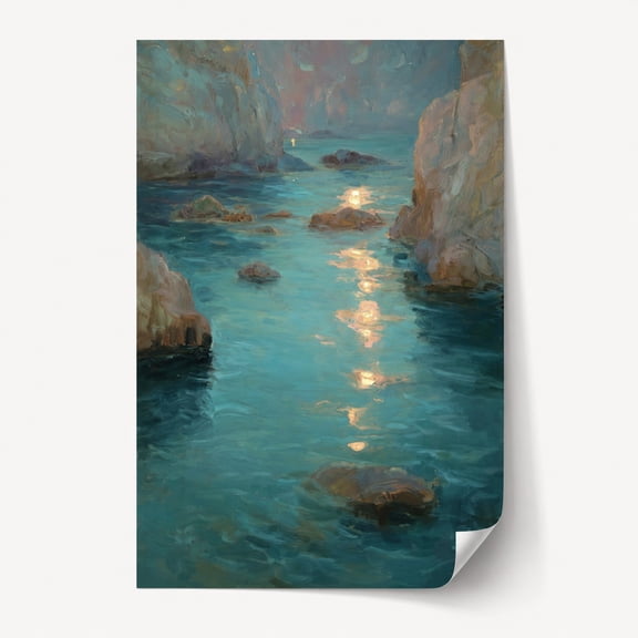 Teal Coastal Cove at Sunset Impressionist Poster Wall Art, Rocky Seascape Design for Living Room or Bedroom Decor, No Frame Included
