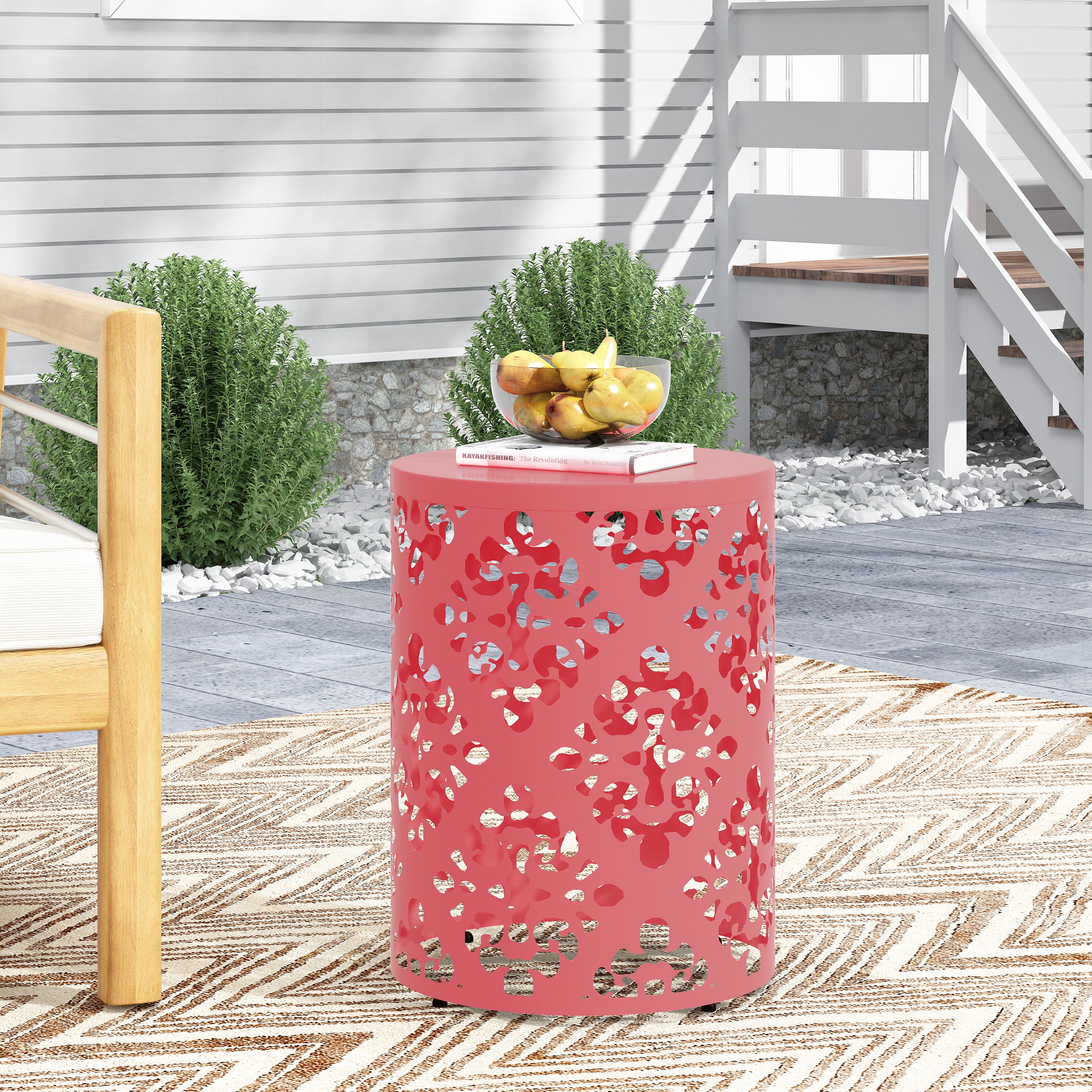 Outdoor Large Cylindrical Side Table, Floral Pattern Hollow Out Iron Tabletop for Patio Garden, Dark Coral