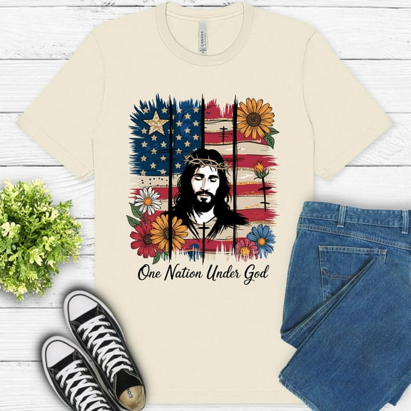 Jesus Patriotic Floral Shirt – One Nation Under God Christian USA Tee, Natural, S