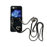 Frusde Crossbody Lanyard Case for Samsung Galaxy Z Flip 5 Case with Strap Leather Cute Love Shockproof Hinge Case-Black