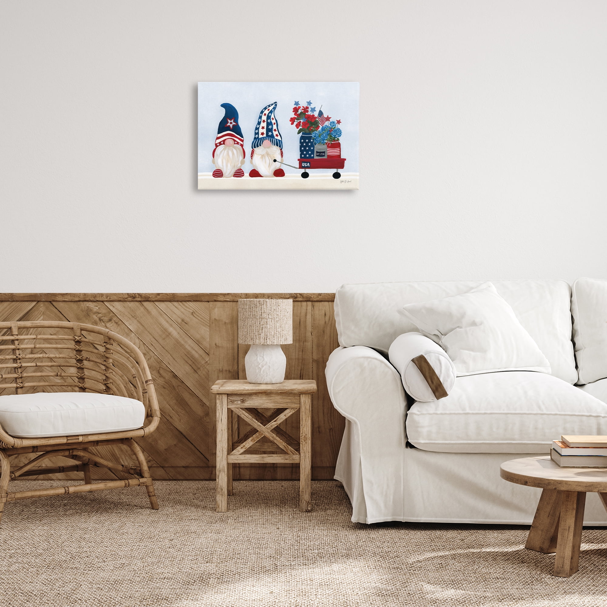 Stupell Industries American Gnome & Wagon Patriotic Painting Wrapped Canvas Art Print Wall Art, 24 x 16