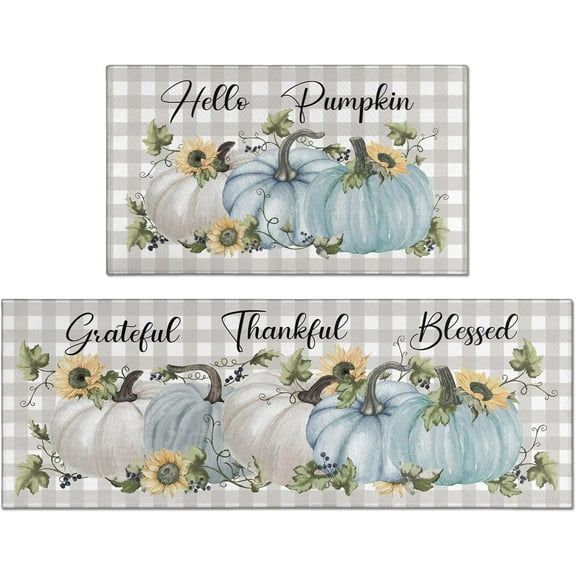 Fall Kitchen Mats Set of 2, Blue Hello Pumpkin Kitchen Rugs for Floor and Door Mat Autumn Harvest Thanksgiving Home Decorations - 17x30 and 17x47 Inch
