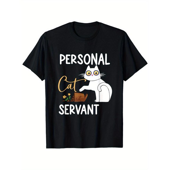 Funny Graphic Tee,Tops Has"Personal Cat Servant"Cat Pattern,Round Neck Regular Fit T-shirts, Size(S-5XL)