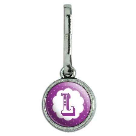 Flower Print Zipper - Letter L Initial Flower Purple Antiqued Charm Clothes Purse Backpack Zipper Pull