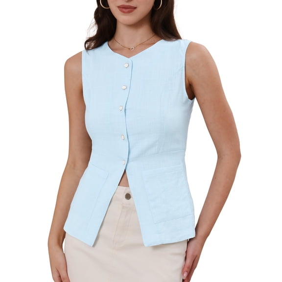 DARING DIVA Women's Sleeveless Suit Vest Button Cotton Vest Tops Blazer XS Light Blue