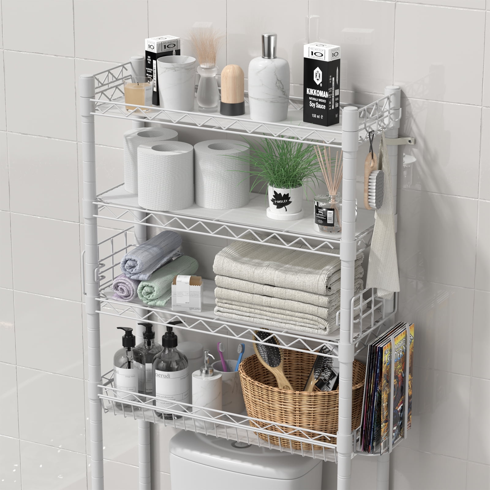 Over The Toilet Storage, Bathroom Organizer Shelves Space Saver Over Toilet, Above Toilet Storage Rack, Over-The-Toilet Storage Shelf, White
