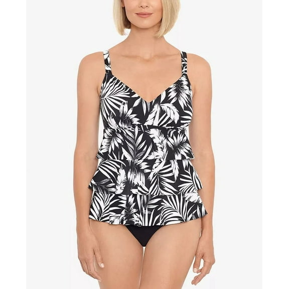 Swim Solutions FEATHER BLOOM BLACK/WHITE Triple-Tier One-Piece Swimsuit, US 10