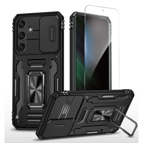 Allytechgroup Rugged Galaxy A16 5G Case with Screen Protector & Camera Lens Cover, Magnetic Phone Case for Samsung Galaxy A16 5G with Ring Holder Kickstand & Military Grade Protection, Black