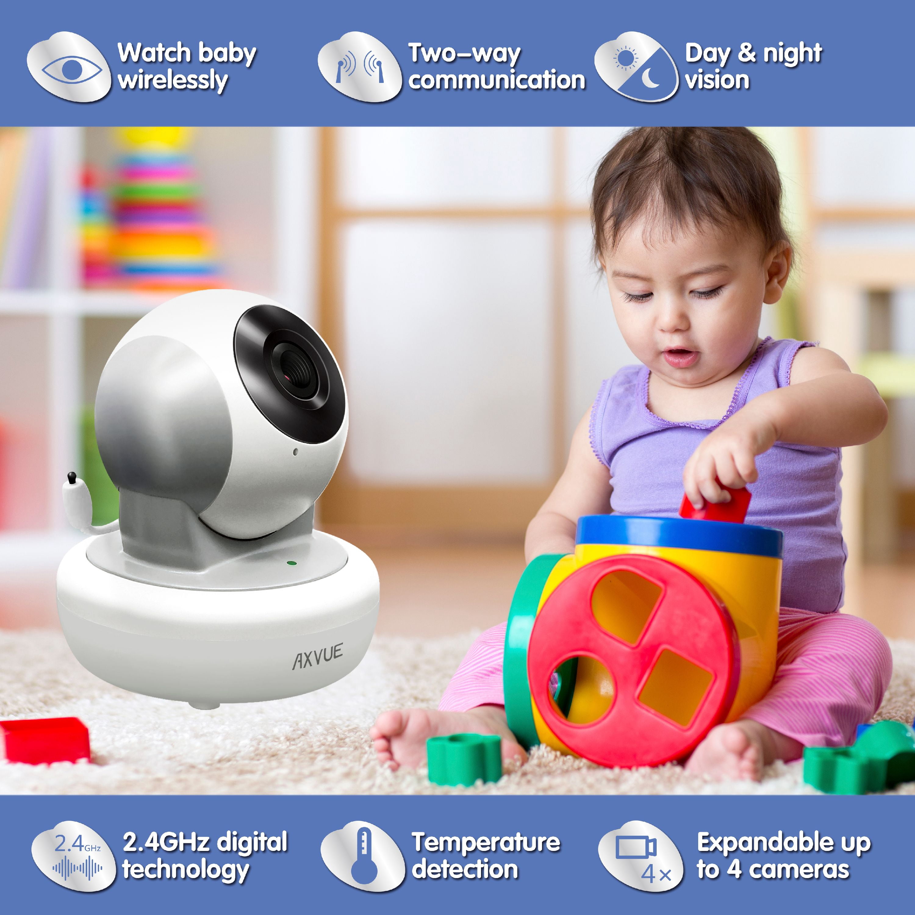 Video Baby Monitor with Remote-Controlled Camera and Wide Screen by Axvue, White & Grey, Model E650