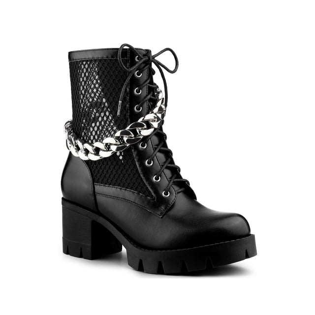 BLISSFUL STEP Bottines de Combat à Talon Bloc à Chaîne Plateforme pour Femmes Noir 9,5