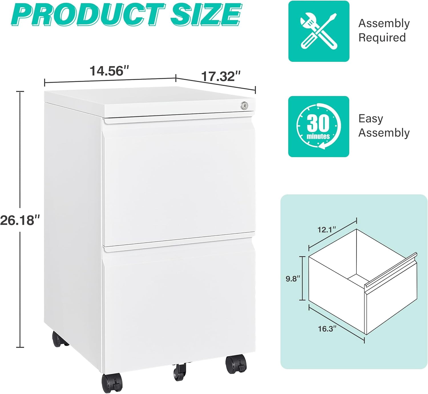 HZshop 2 Drawer File Cabinet with Lock and Wheels,White Rolling File Cabinets,Locking Mobile Metal Filing Cabinet for Home Office,Under Desk,Fit A4/Letter/Legal File, Easy Assembly