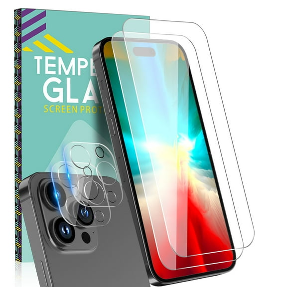 Xhy 2 Pack iPhone 15 Screen Protector 6.1 Inch with 2 Pack Camera Lens Protector, HD Clear Tempered Glass 9H Hardness Scratch Resistant Bubble Free Rugged Durable Easy Installation