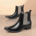 thumbnail image 3 of Men’s Leopard Print Chelsea Boots, Pointed Toe Metal Toe Cap Block Heel, Elastic Side Slip-On Fashion Boots Rivet Trim Square Toe Western Ankle Boots, 3 of 6