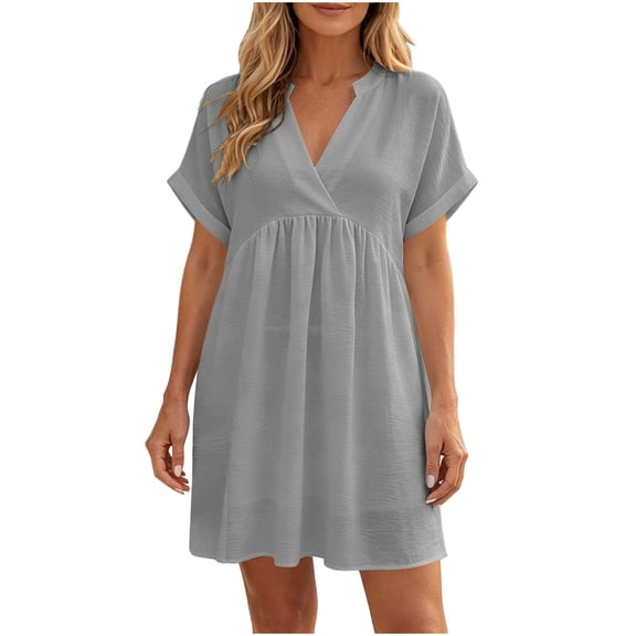 Fewfanhot Womens Summer Dresses Summer Dresses 2026 Beach Casual Deep V Neck Loose Sundress Short Sleeve Mini Dress with Pockets