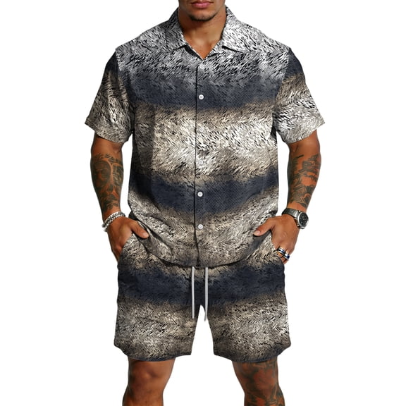 Mens Vintage Shirt and Shorts Set Retro Print Button Up Camp Collar Top with Elastic Waist Shorts Casual Summer Beach Outfit