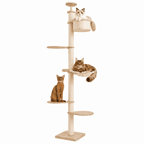 Wooden Cat Tree for Indoor Cats, 52.8" Multi-Level Cat Tower with Cat Condo, Hammock, Ladder & Sisal Scratching Posts, Stable Cat Activity Center for Large Cats