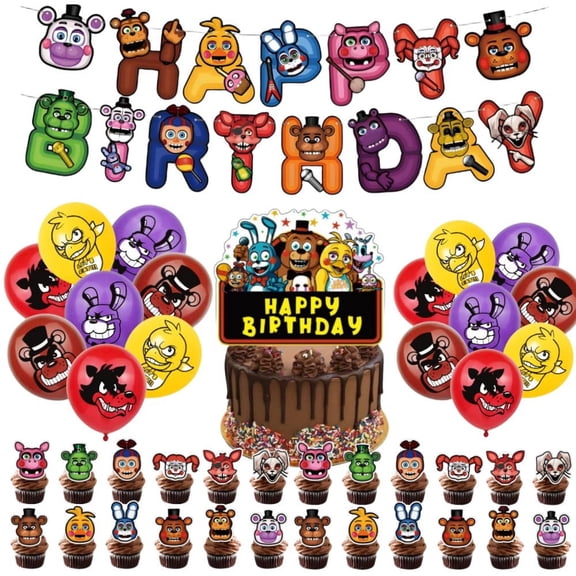 Cute Freddy Nights Birthday Decorations Party Supplies Balloon Cake Cupcake Topper Banners