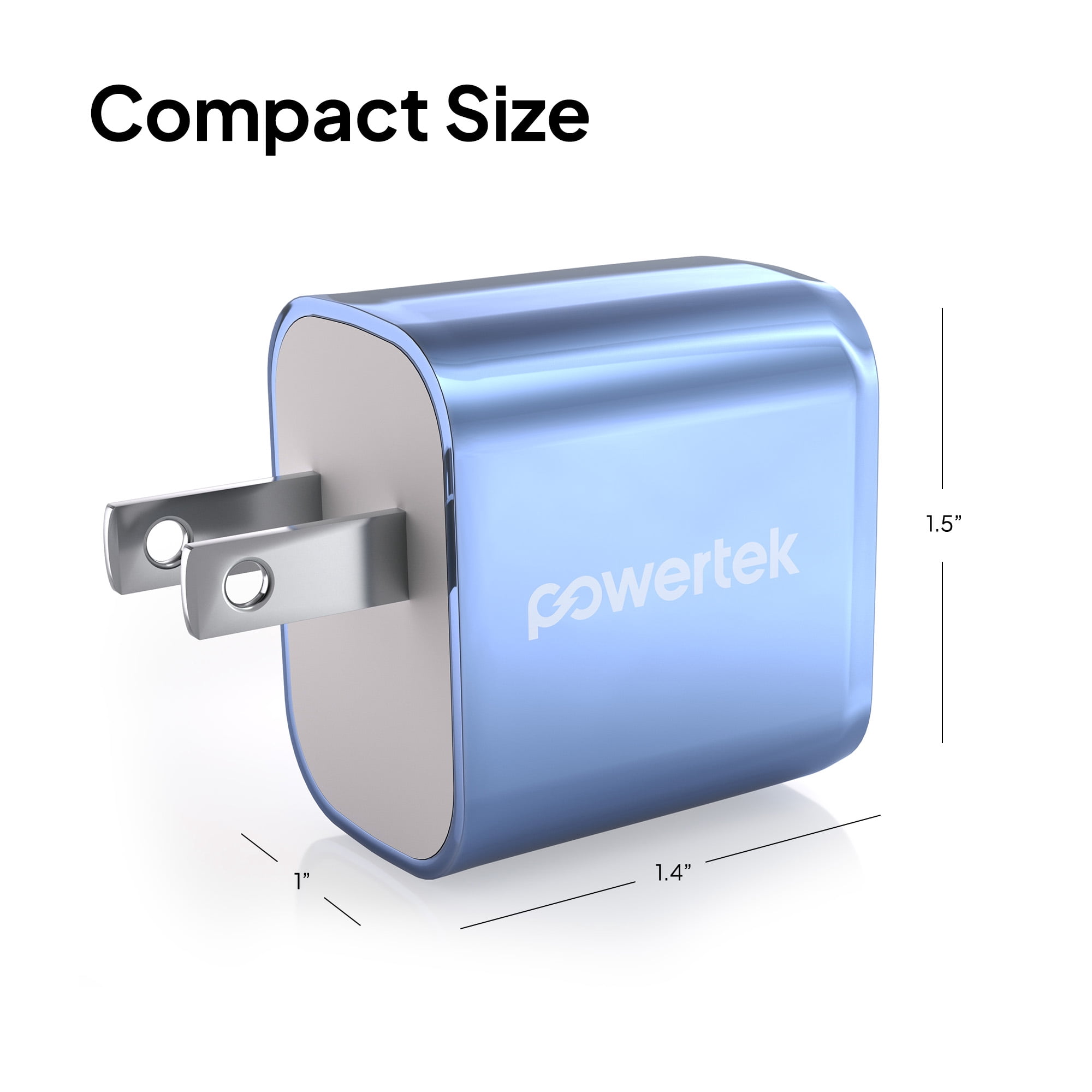 Powertek 20W USB-C PD + 18W USB-A Dual Port Wall Charger, Metallic Shine Pastel, Blue