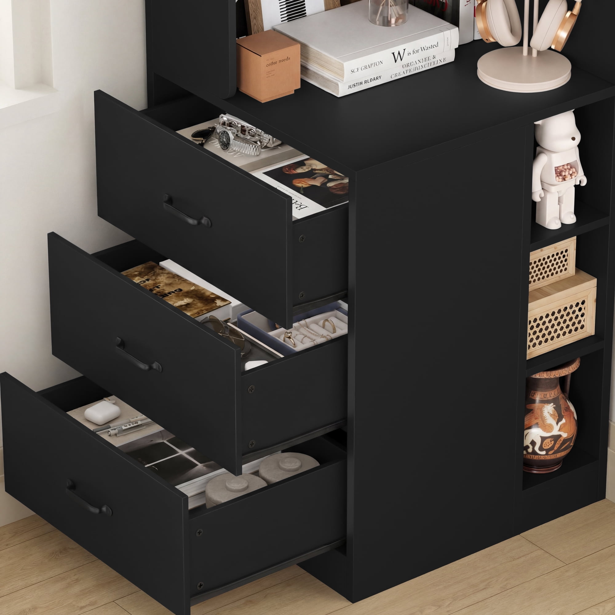 Hiphuta 77"Tall L-Shaped Corner Bookshelf with Drawers and Side Storage, Modern Wood Bookcase with 4-Tier Display Shelves Storage Cabinet for Living Room Home Office , Black