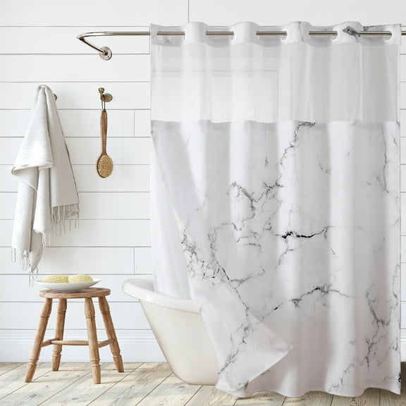 No Hook Grey White Marble Shower Curtain with Snap in Liner, Double Layers Waterproof Fabric Bath Curtain with Mesh Top Window, Modern Abstract Decor for Luxury Hotel Grade Bathroom 71" X 74"