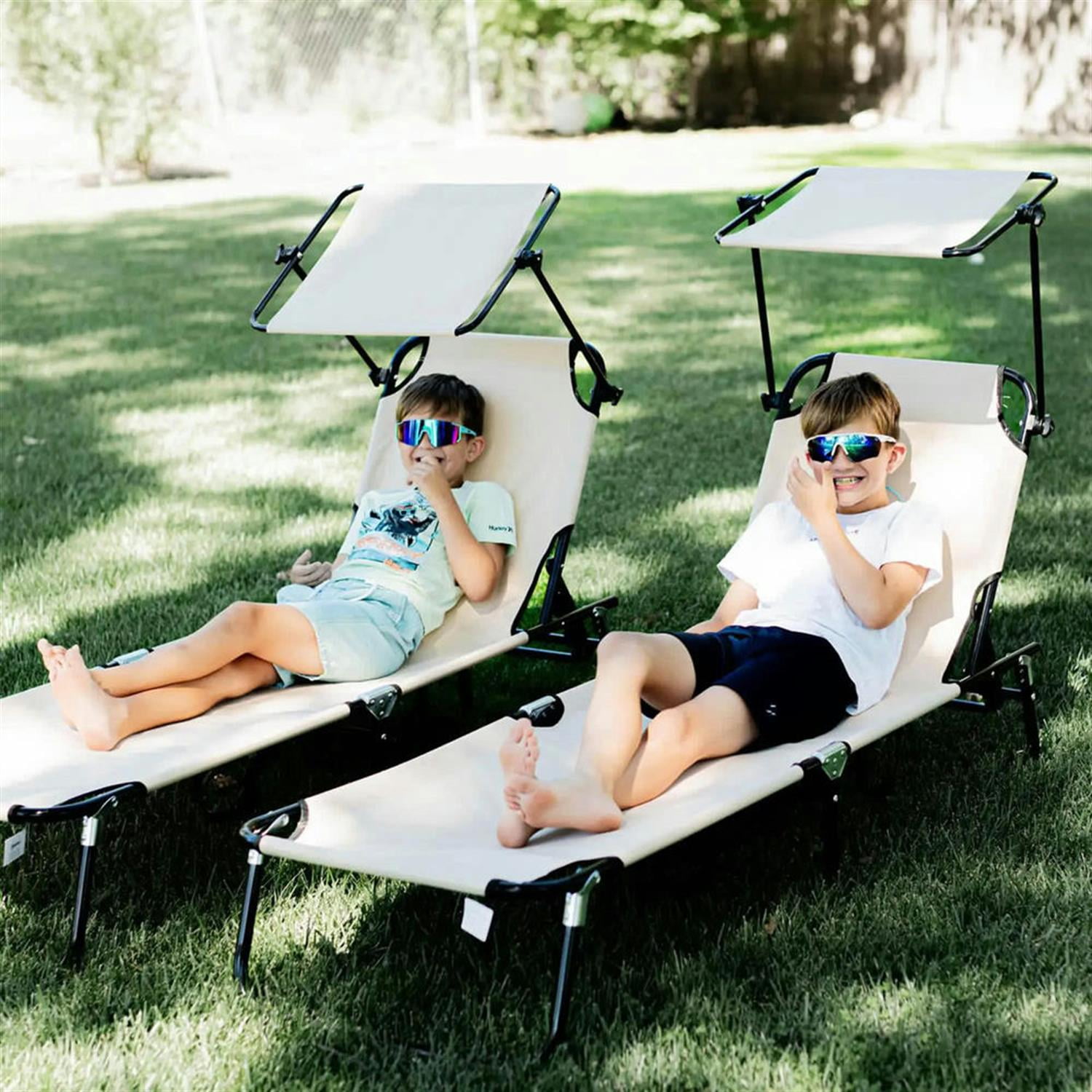 Demi Bonn Outdoor Folding Chaise Lounges Set of 2 with Canopy, Steel Frame, Side Pockets, Reclining Sun Chairs for Beach, Yard, Patio, Beige