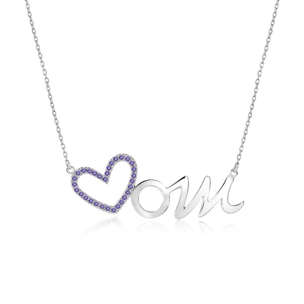Collar JeenMata con colgante de corazón abierto para mamá con piedra Violeta Decorada en Oro Blanco de 18 K sobre Plata