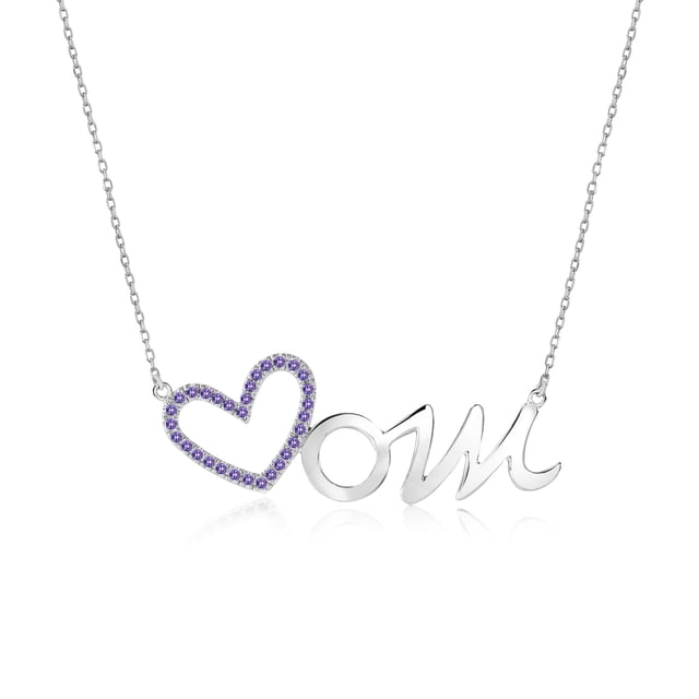 Collar JeenMata con colgante de corazón abierto para mamá con piedra Violeta Decorada en Oro Blanco de 18 K sobre Plata