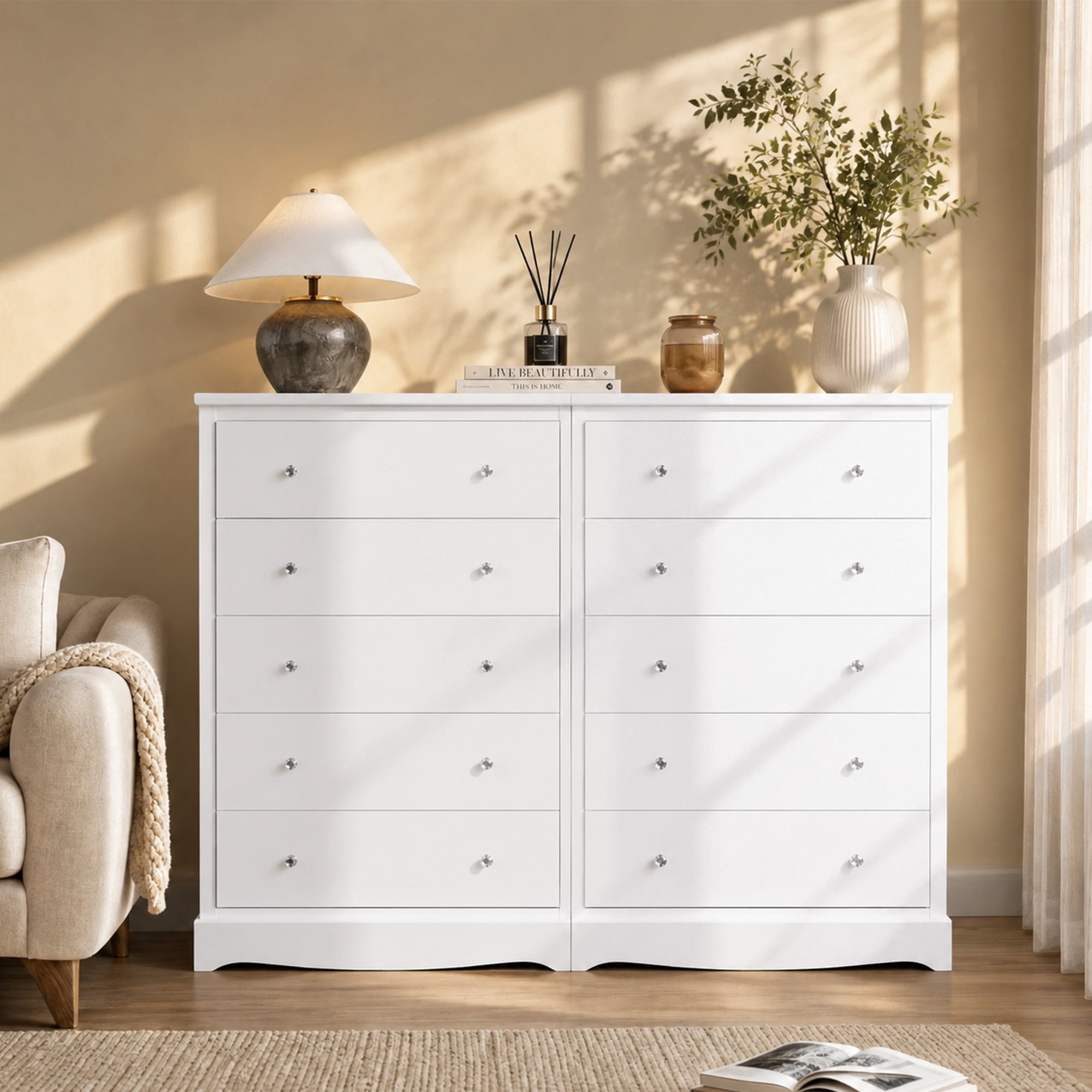GALAXHERO 5 Drawer Dresser for Bedroom, Retro Wood Chest of Drawers, Tall Dresser with Round Metal Handle for Living Room, Hallway, Closet, White