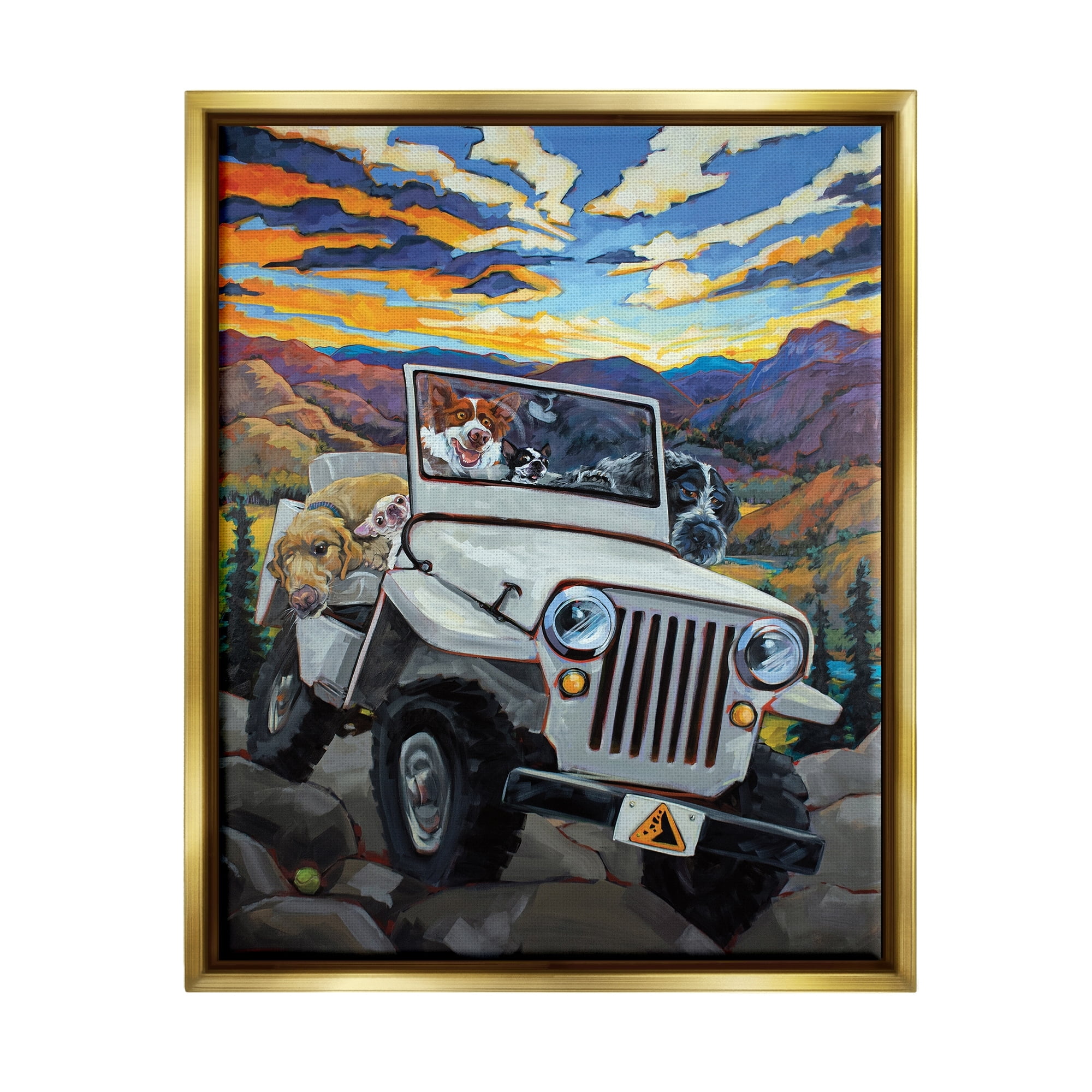 Stupell Industries Dogs Off-Roading Desert Drive Mountain Sunset Metallic Gold Framed Floating Canvas Wall Art, 16x20, by CR Townsend