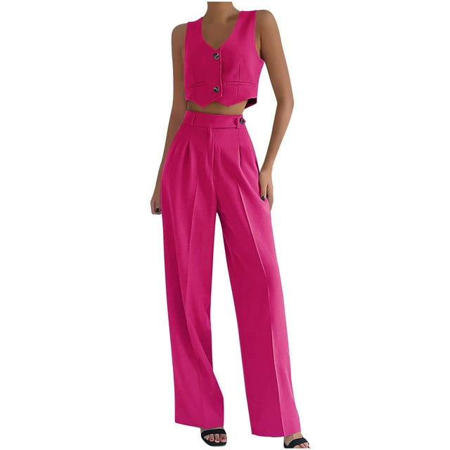 Tumotour Summer 2 Piece Outfits For Women V Neck Sleeveless Button Down Waistcoat And Wide Leg Pants Set With Pockets