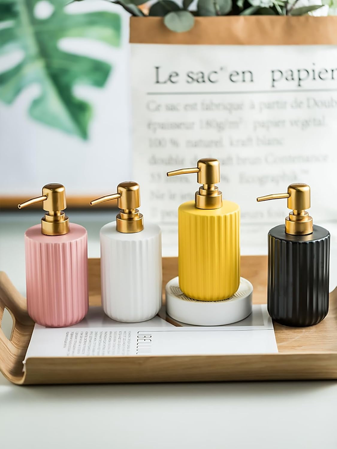 CATPAN Premium Matte Yellow Hand Soap Dispenser Set, Resin Liquid Soap Dispenser for Bathroom Countertop, 10.5oz