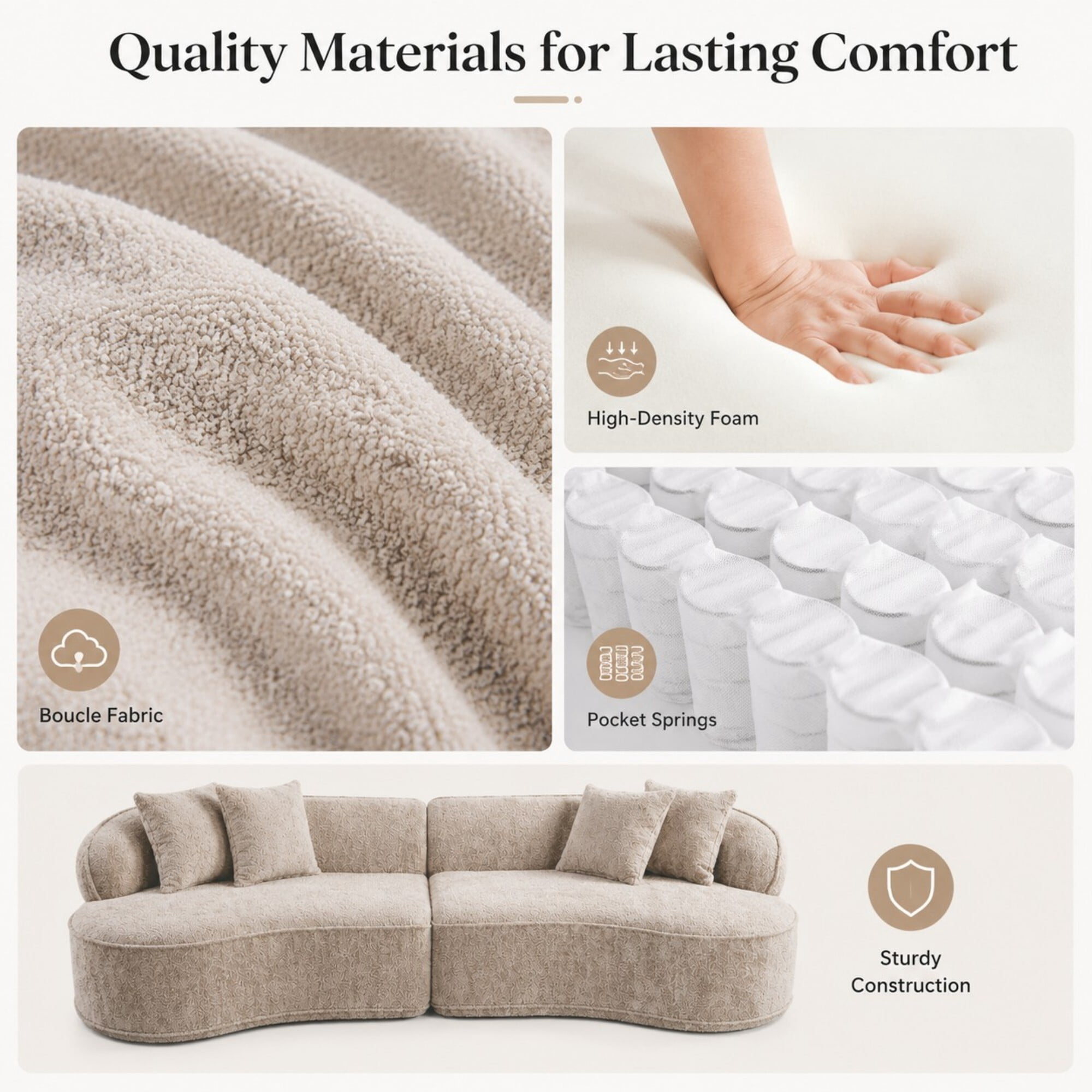 DEALTOPS 114" Modular Boucle Curved Sectional Sofa, 4-Seater Cloud Couch with No Assembly, Oatmeal