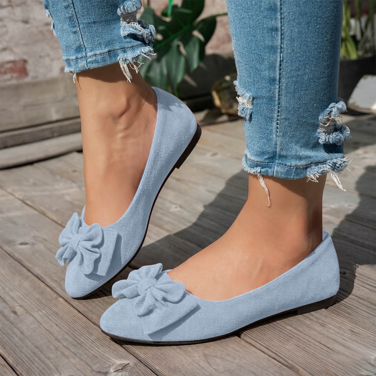 women's light blue dress shoes Hewuqi Women's Suede Loafers Fashion Bowknot Comfortable Round Toe Antislip Flat Slip on Casual Work Business Dress Shoes Light Blue Size 9