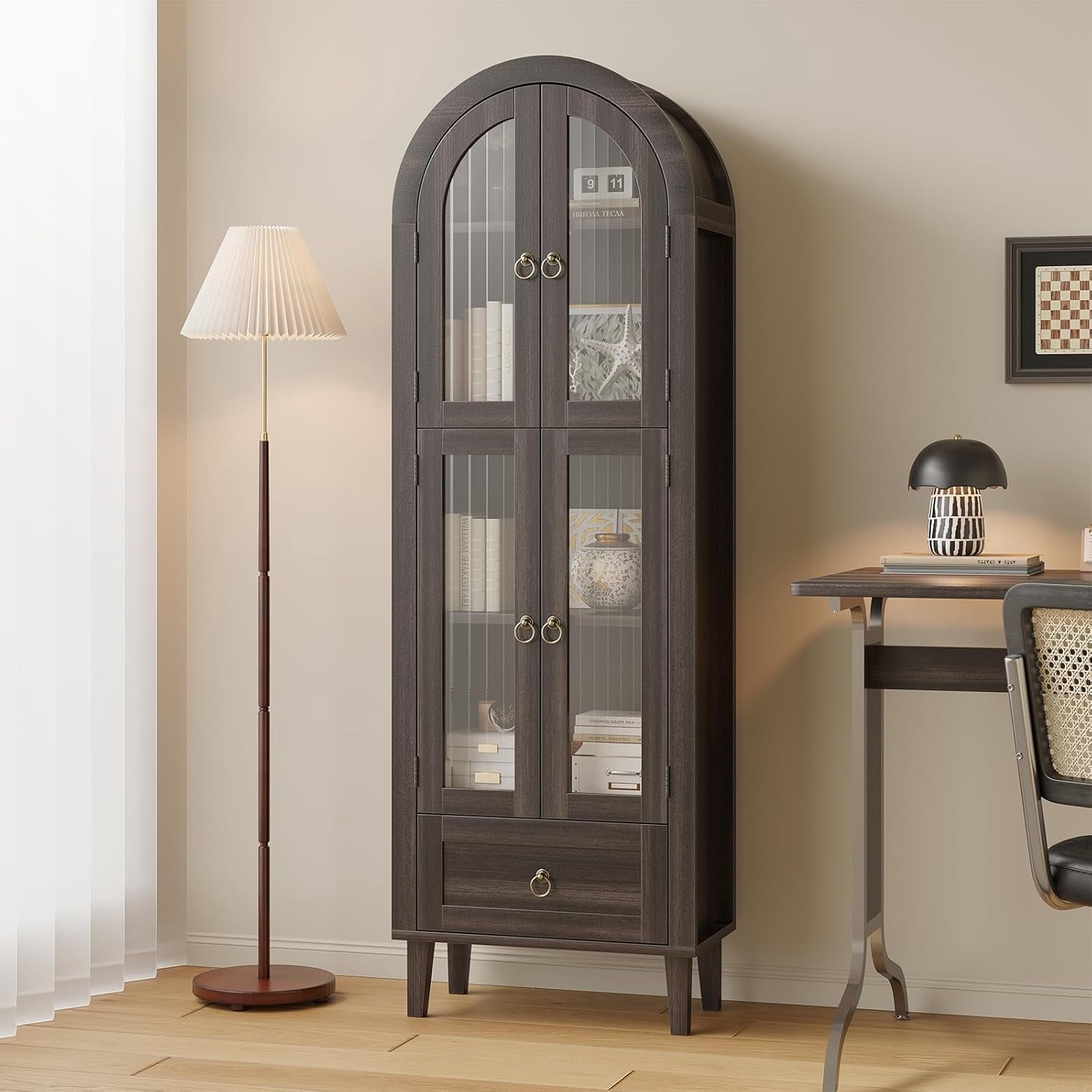 71” Tall Arched Cabinet with Acrylic Glass Door, Modern Curio Arched Bookcase W/Drawer, Display Cabinet Organizer, Kitchen Pantry with Top-Opening Storage Container for Living Dining Room