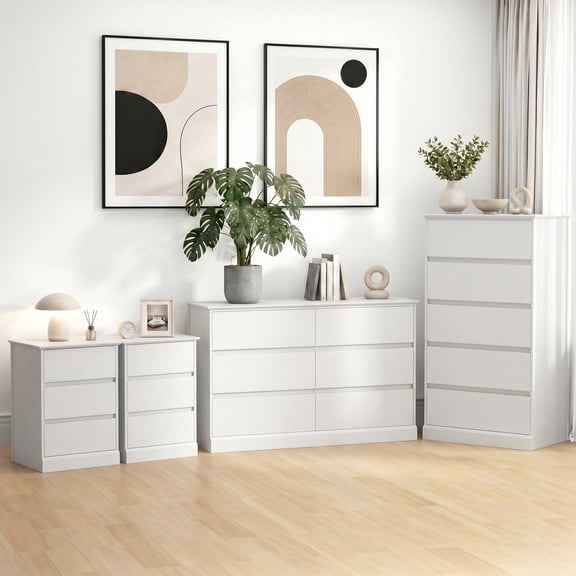 4-Piece Bedroom Dresser Set-6 Drawer Dresser, 5 Drawer Dresser & 2*Nightstand,in Simply Modern Chest of Drawers, Wood Storage Dresser with Deep Drawers for Living Room Hallway Entryway, White