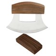 thumbnail image 1 of Ulu Alaskan Cutter made of stainless steel with ergonomic nonslip handle and wooden stand, 1 of 5