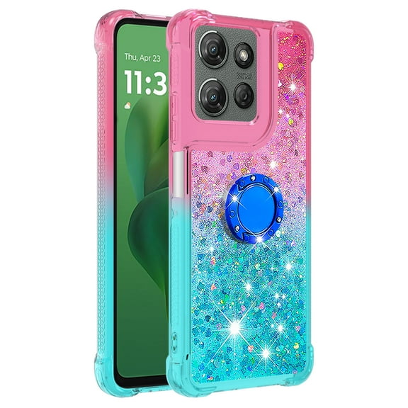 Phone Case for MOTO G Play 5G 2025/G Power 5G 2025 with Ring Kickstand, Cute Glitter Bling Sparkle Quicksand Flowing Liquid Clear Gel Silicone ShockProof Cover Girls-B3