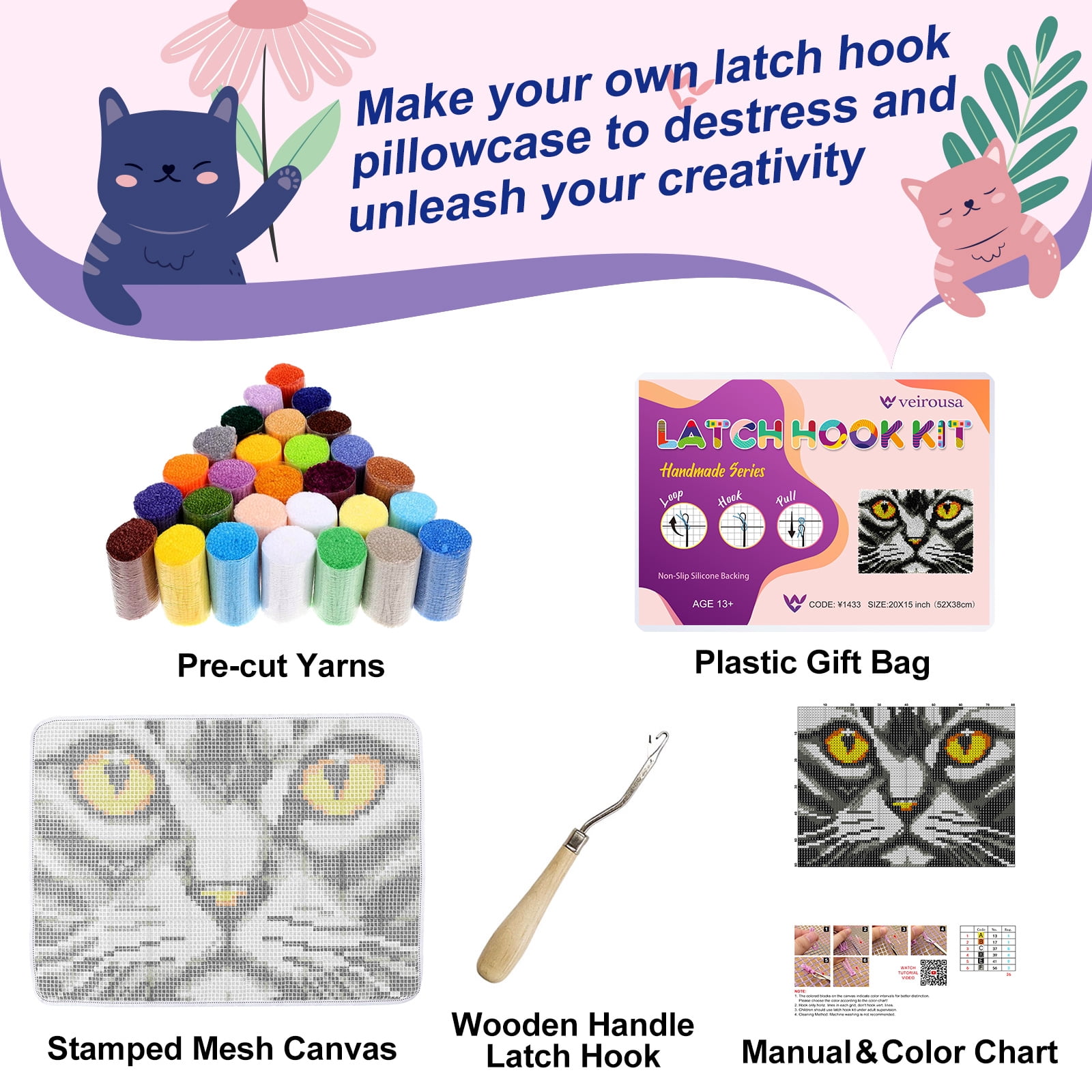 Cat Face Latch Hook Rug Kits for Adults Beginners Carpet Making Set for Home Sofa Decoration 17x17 Inch