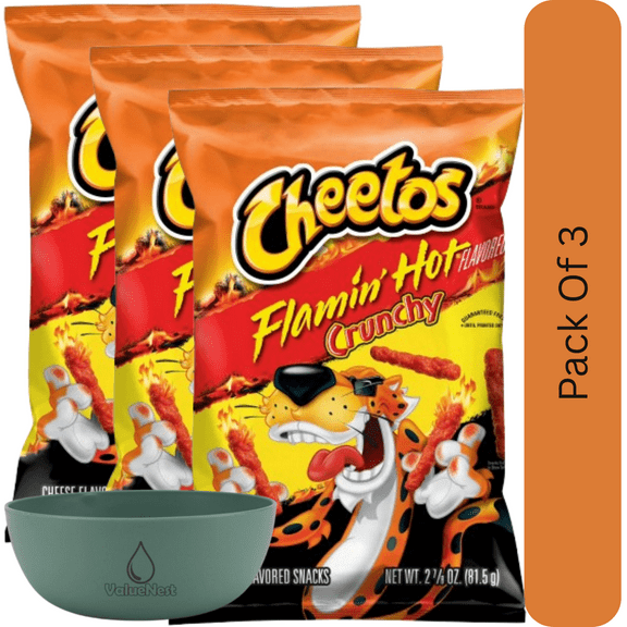 Cheetos Flamin’ Hot Crunchy Cheese Snacks, Mini 2.875 oz Bag With Olive Green Bowl By ValueNest