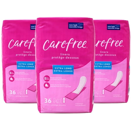 Carefree Regular Panty Liners, Extra Long, Unscented, 8 Hour Odor Control, 36 Ct - 3 Pack